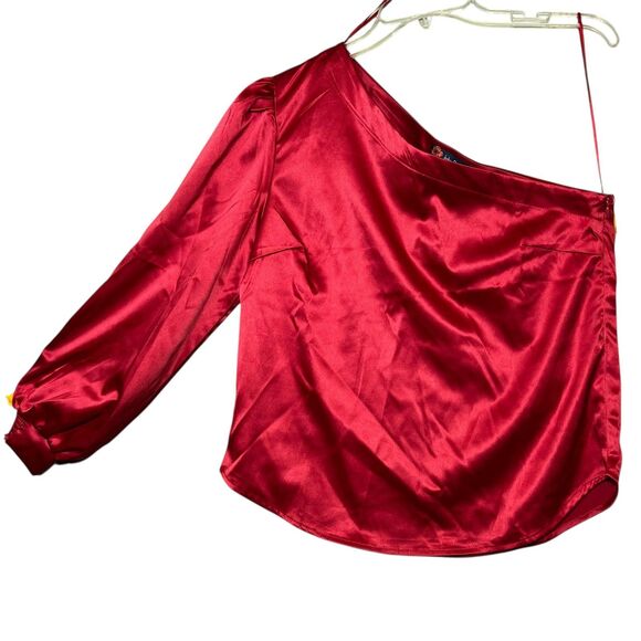 Indigo Poppy One Shoulder Top Womens Medium Satin Asymmetric Blouse Elegant NWT - Picture 10 of 10